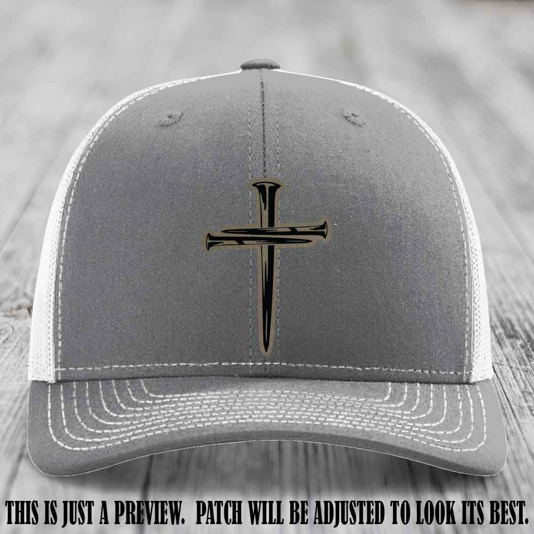 Cross of Nails Light Brown to Black Patch on Heather Grey to White Hat - Richardson 112 Leather Patch Hat