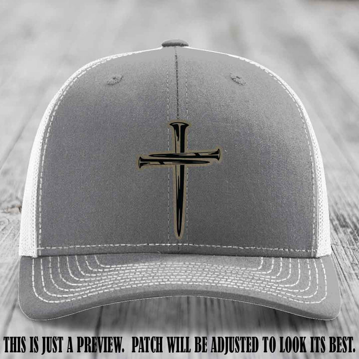 Cross of Nails Light Brown to Black Patch on Heather Grey to White Hat - Richardson 112 Leather Patch Hat