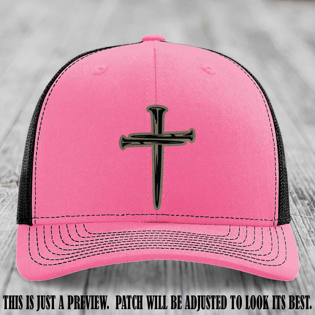 Cross of Nails Light Brown to Black Patch on Hot Pink to Black Hat - Richardson 112 Leather Patch Hat