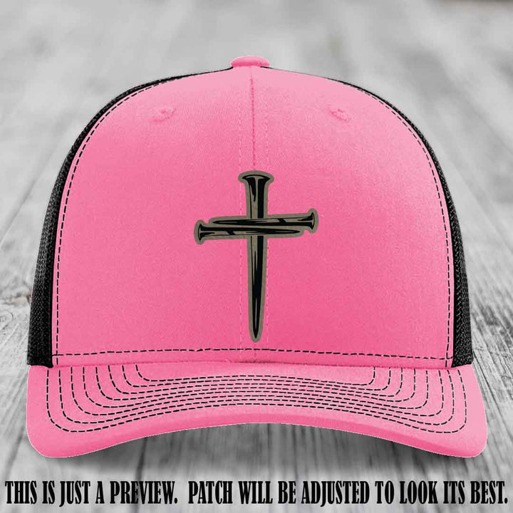 Cross of Nails Light Brown to Black Patch on Hot Pink to Black Hat - Richardson 112 Leather Patch Hat