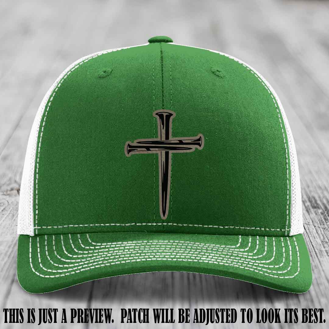 Cross of Nails Light Brown to Black Patch on Kelly to White Hat - Richardson 112 Leather Patch Hat