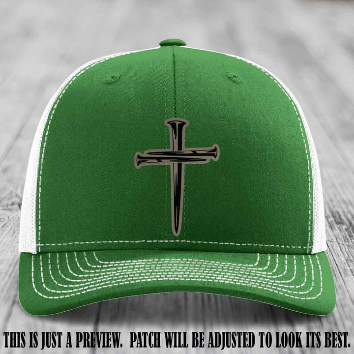 Cross of Nails Light Brown to Black Patch on Kelly to White Hat - Richardson 112 Leather Patch Hat