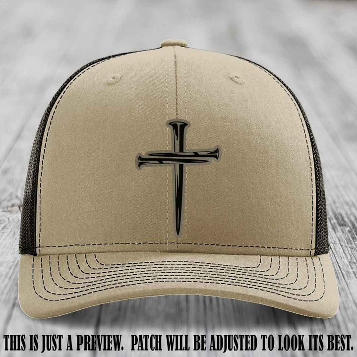 Cross of Nails Light Brown to Black Patch on Khaki to Coffee Hat - Richardson 112 Leather Patch Hat