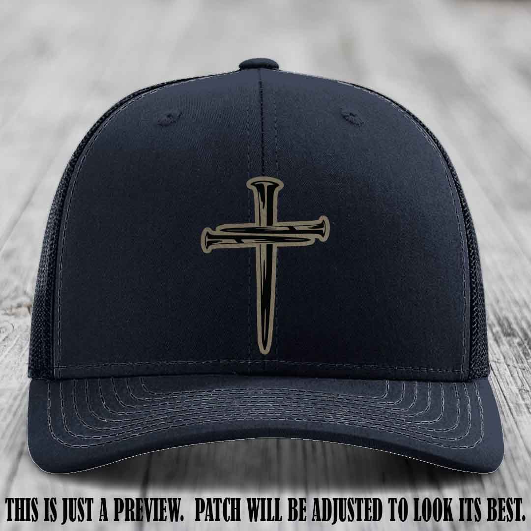 Cross of Nails Light Brown to Black Patch on Navy Hat - Richardson 112 Leather Patch Hat