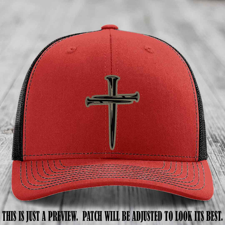 Cross of Nails Light Brown to Black Patch on Red to Black Hat - Richardson 112 Leather Patch Hat