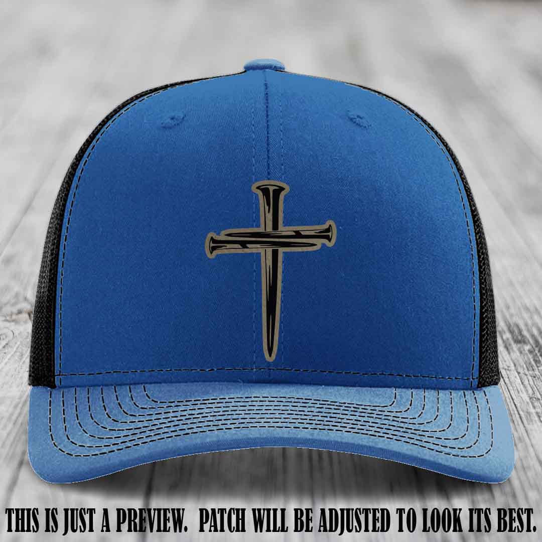 Cross of Nails Light Brown to Black Patch on Royal to Black Hat - Richardson 112 Leather Patch Hat