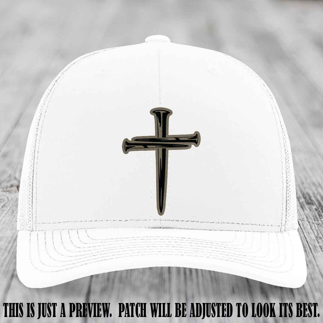 Cross of Nails Light Brown to Black Patch on White Hat - Richardson 112 Leather Patch Hat