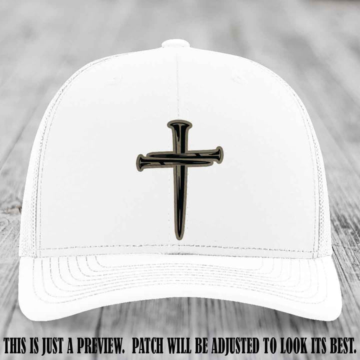 Cross of Nails Light Brown to Black Patch on White Hat - Richardson 112 Leather Patch Hat