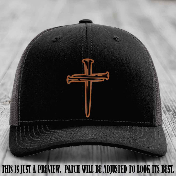 Cross of Nails Rawhide to Black Patch on Black to Charcoal Hat - Richardson 112 Leather Patch Hat