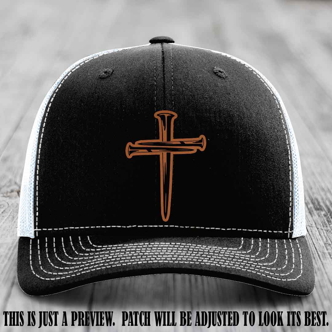 Cross of Nails Rawhide to Black Patch on Black to White Hat - Richardson 112 Leather Patch Hat