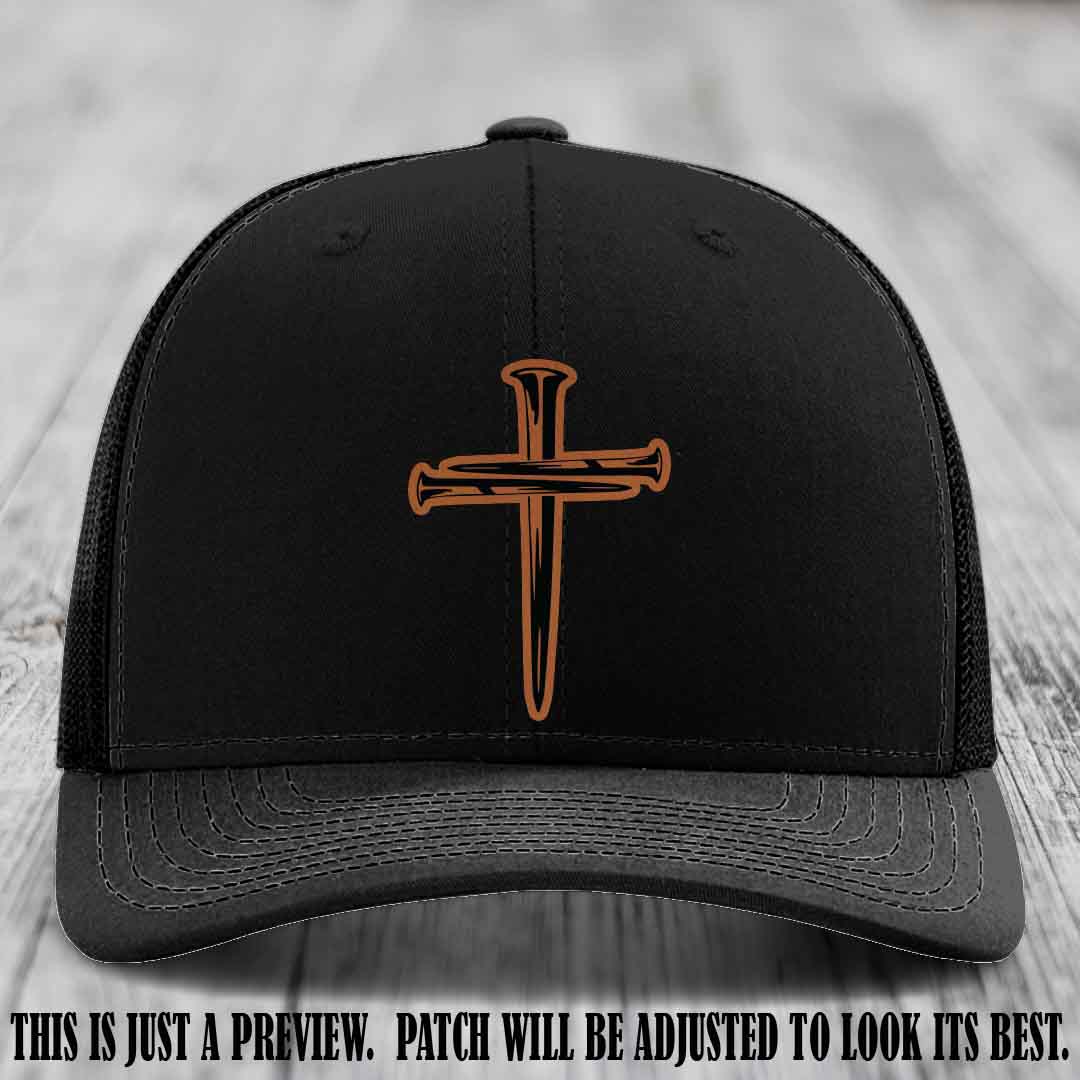 Cross of Nails Rawhide to Black Patch on Black Hat - Richardson 112 Leather Patch Hat