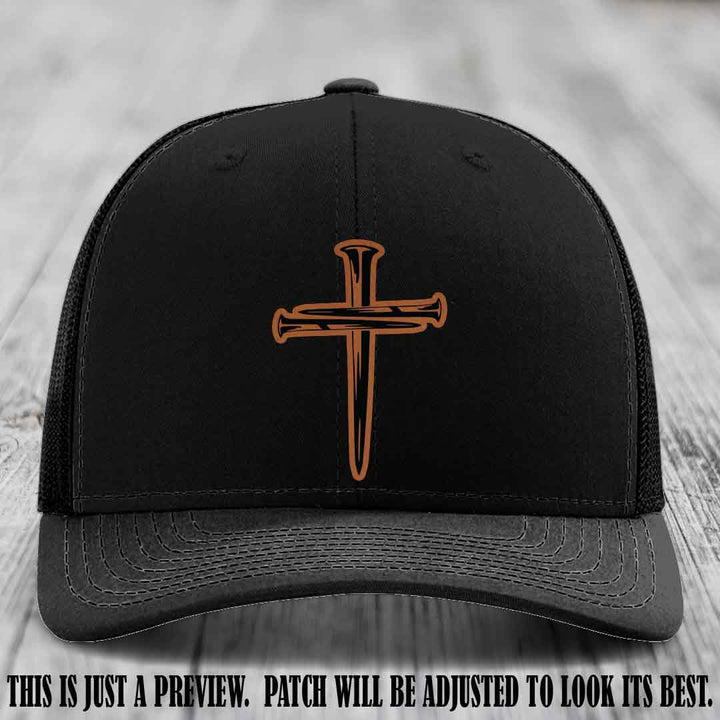 Cross of Nails Rawhide to Black Patch on Black Hat - Richardson 112 Leather Patch Hat