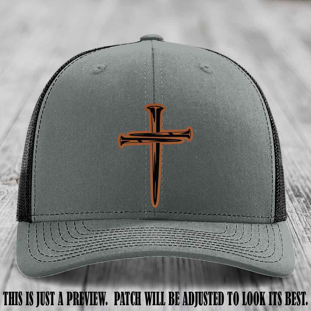 Cross of Nails Rawhide to Black Patch on Heather Grey to Black Hat - Richardson 112 Leather Patch Hat