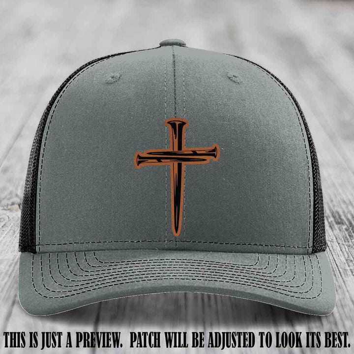 Cross of Nails Rawhide to Black Patch on Heather Grey to Black Hat - Richardson 112 Leather Patch Hat