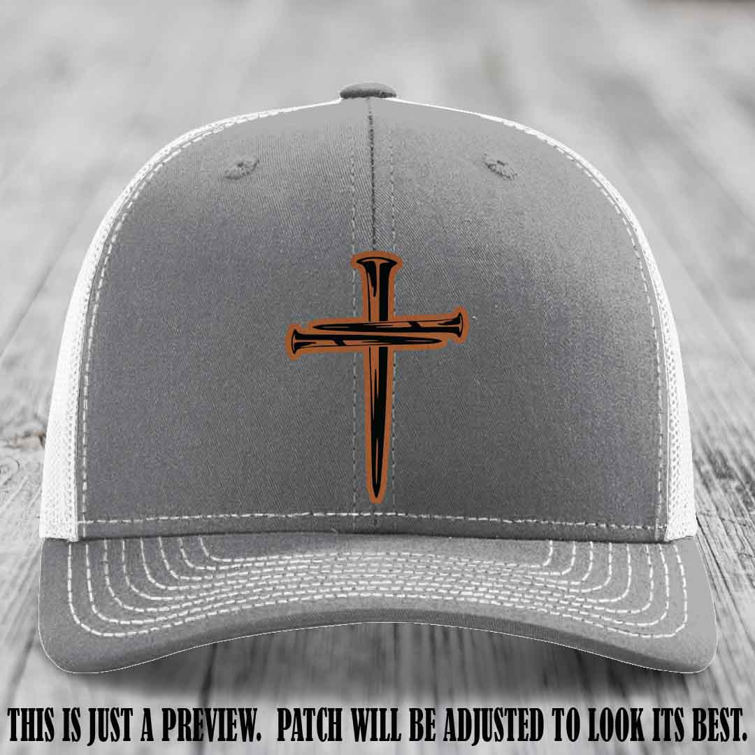 Cross of Nails Rawhide to Black Patch on Heather Grey to White Hat - Richardson 112 Leather Patch Hat