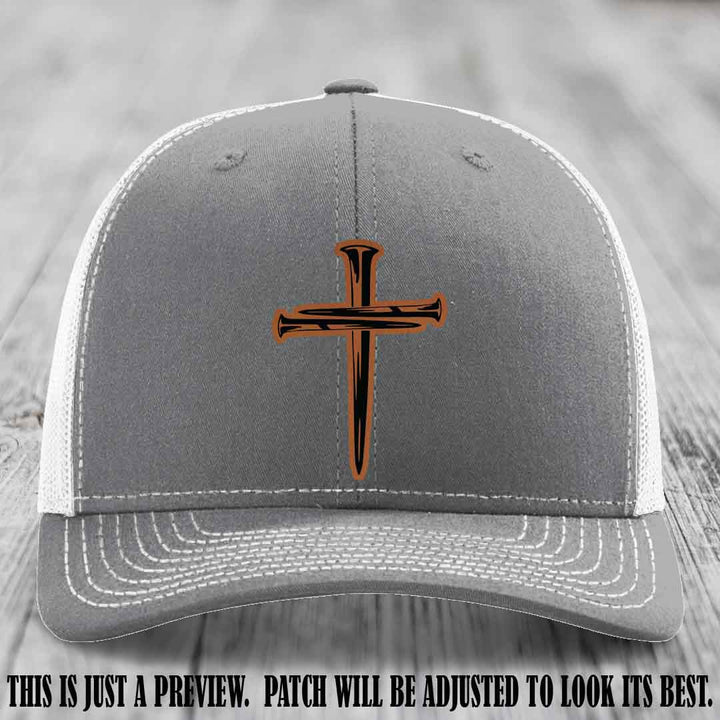 Cross of Nails Rawhide to Black Patch on Heather Grey to White Hat - Richardson 112 Leather Patch Hat