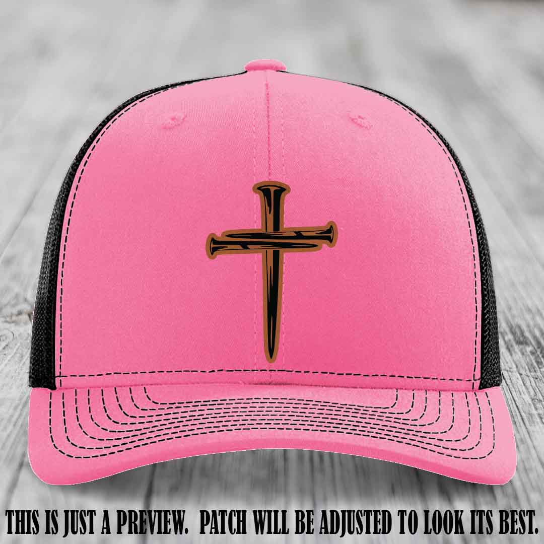 Cross of Nails Rawhide to Black Patch on Hot Pink to Black Hat - Richardson 112 Leather Patch Hat
