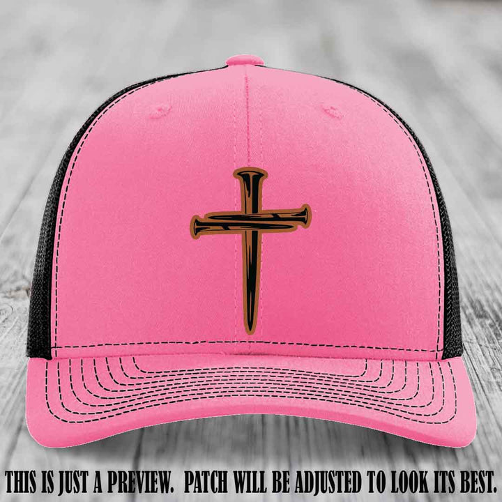 Cross of Nails Rawhide to Black Patch on Hot Pink to Black Hat - Richardson 112 Leather Patch Hat