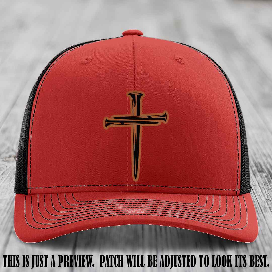 Cross of Nails Rawhide to Black Patch on Red to Black Hat - Richardson 112 Leather Patch Hat