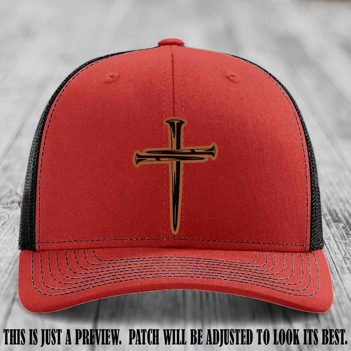 Cross of Nails Rawhide to Black Patch on Red to Black Hat - Richardson 112 Leather Patch Hat