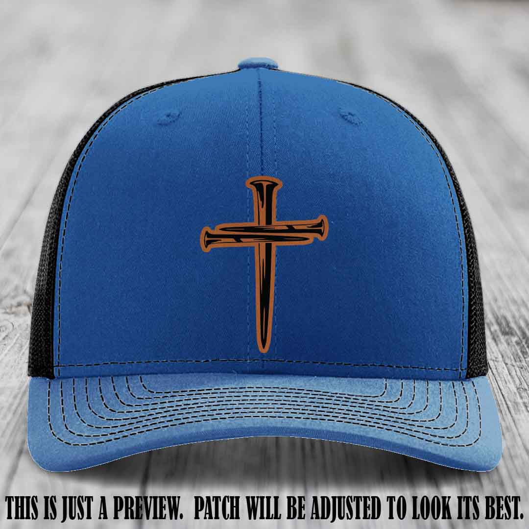 Cross of Nails Rawhide to Black Patch on Royal to Black Hat - Richardson 112 Leather Patch Hat