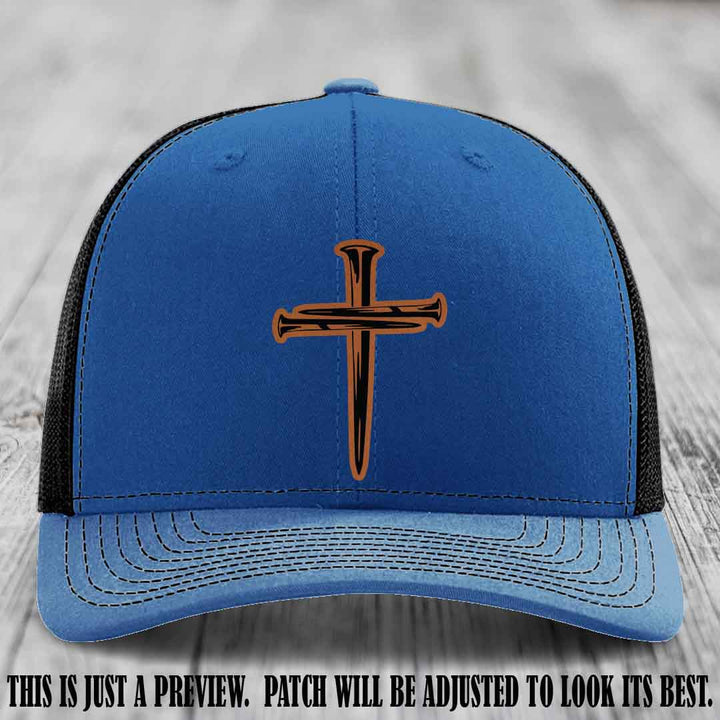 Cross of Nails Rawhide to Black Patch on Royal to Black Hat - Richardson 112 Leather Patch Hat