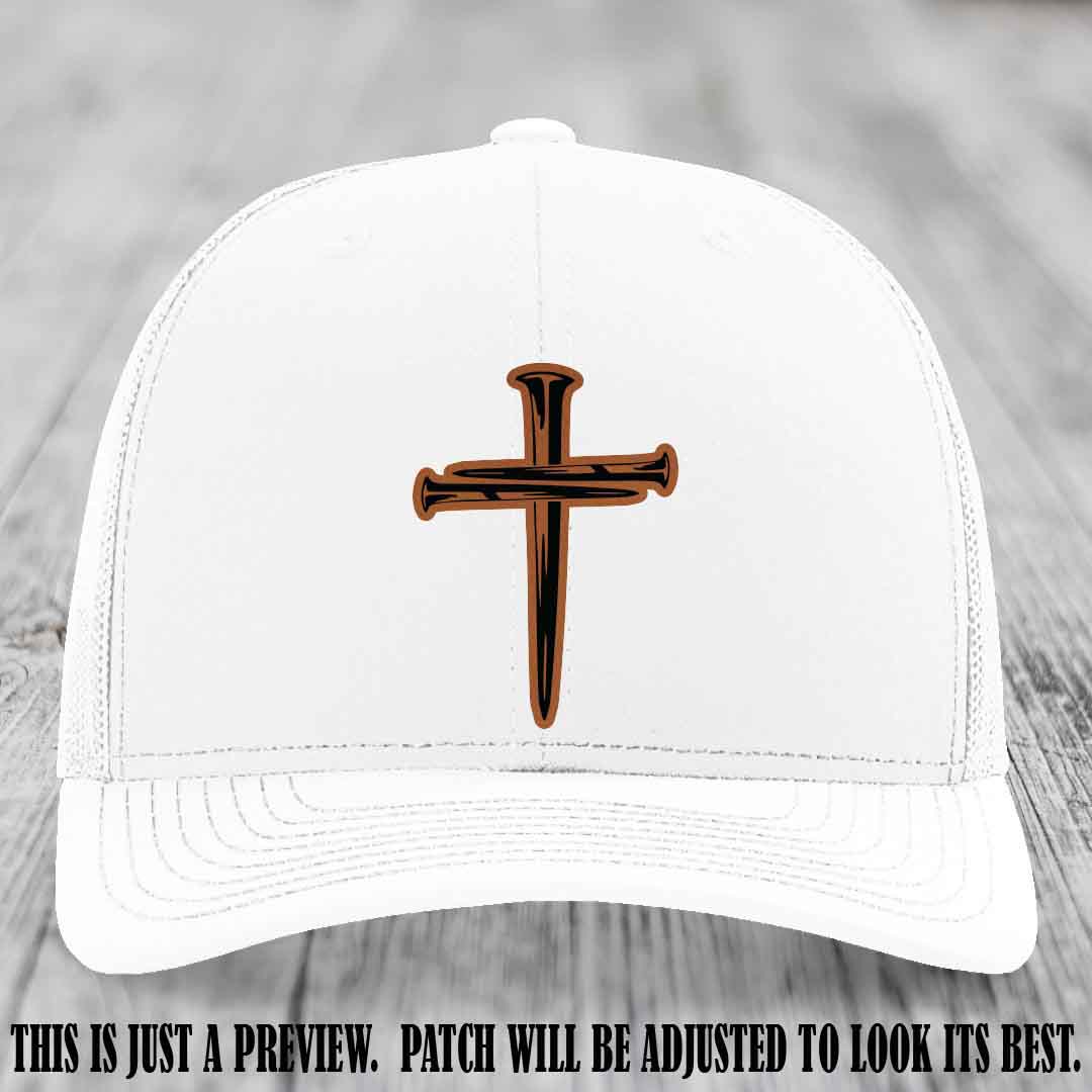 Cross of Nails Rawhide to Black Patch on White Hat - Richardson 112 Leather Patch Hat