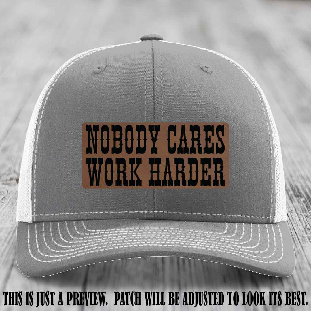 Nobody Cares Work Harder Dark Brown to Black Patch on Heather Grey to White Hat | Custom Richardson 112 Leather Patch Hat