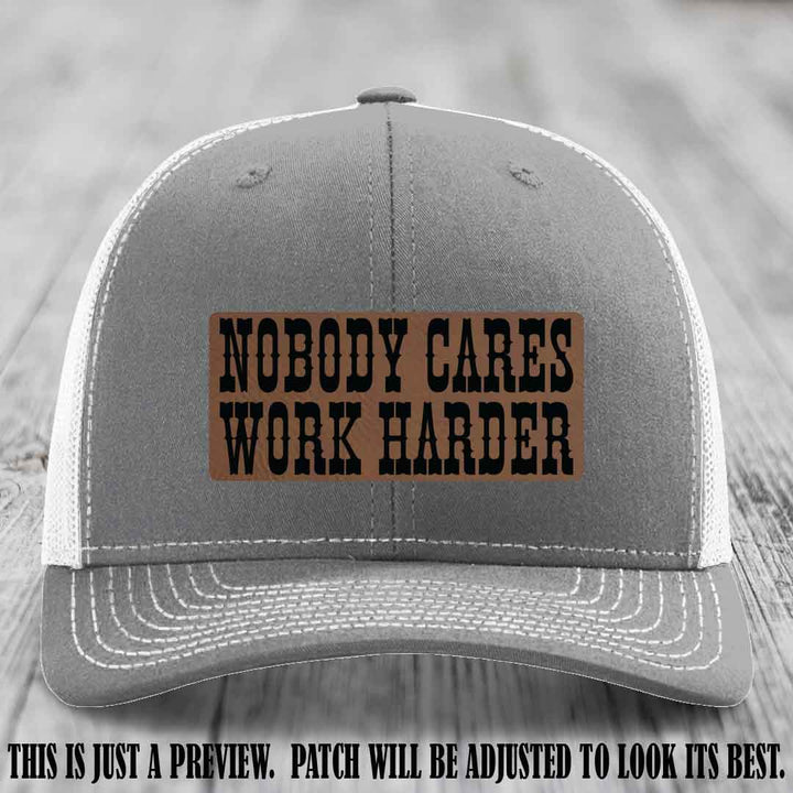 Nobody Cares Work Harder Dark Brown to Black Patch on Heather Grey to White Hat | Custom Richardson 112 Leather Patch Hat