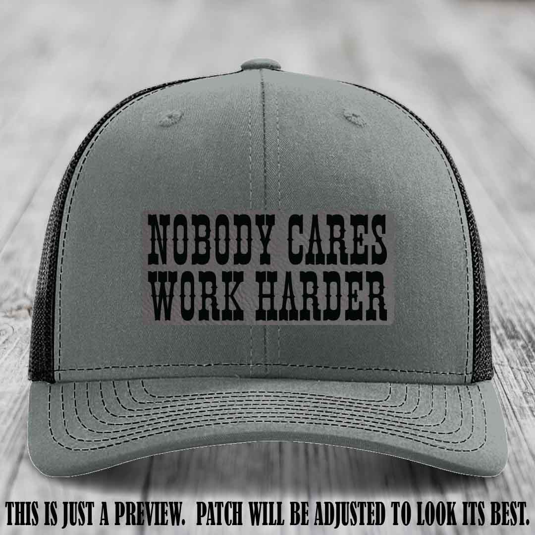 Nobody Cares Work Harder Grey to Black Patch on Heather Grey to Black Hat | Custom Richardson 112 Leather Patch Hat