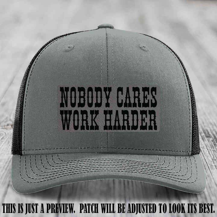 Nobody Cares Work Harder Grey to Black Patch on Heather Grey to Black Hat | Custom Richardson 112 Leather Patch Hat