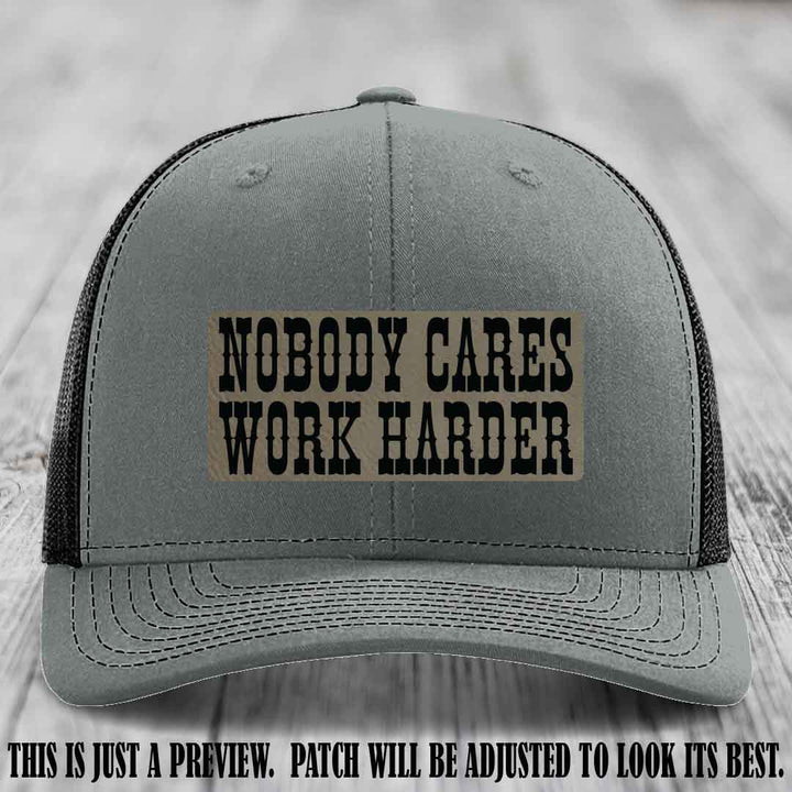 Nobody Cares Work Harder Light Brown to Black Patch on Heather Grey to Black Hat | Custom Richardson 112 Leather Patch Hat