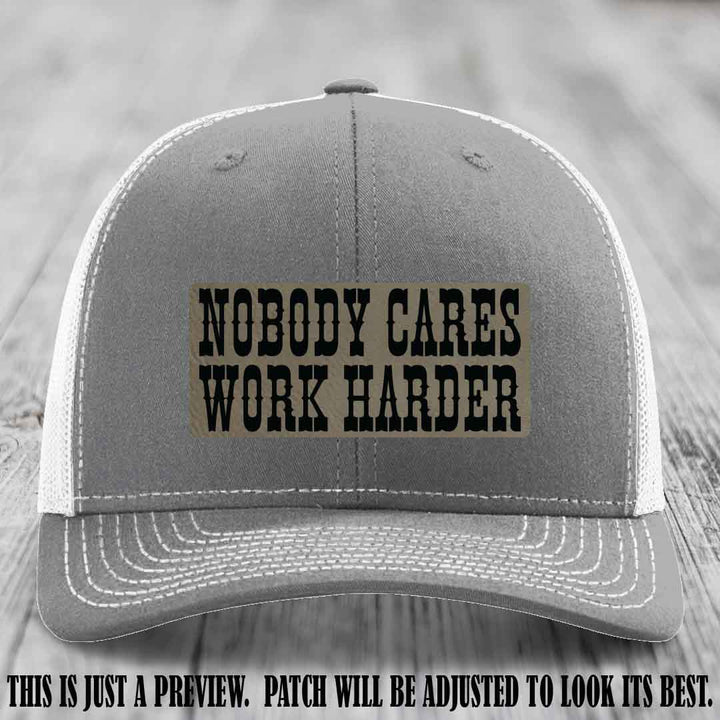 Nobody Cares Work Harder Light Brown to Black Patch on Heather Grey to White Hat | Custom Richardson 112 Leather Patch Hat