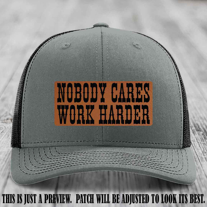 Nobody Cares Work Harder Rawhide to Black Patch on Heather Grey to Black Hat | Custom Richardson 112 Leather Patch Hat