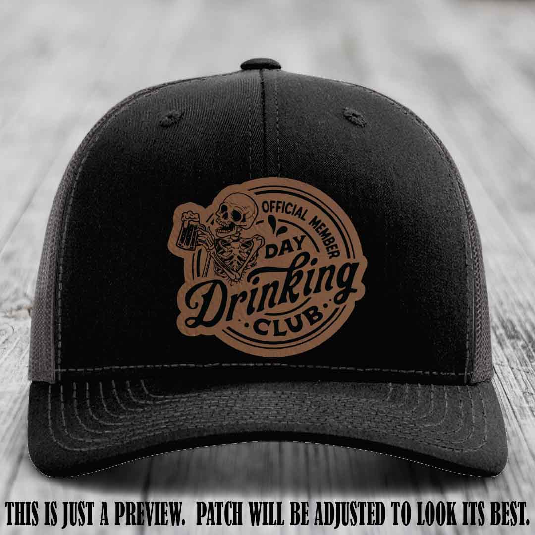 Day Drinking Club dark brown to black patch on black to charcoal hat Richardson 112 custom trucker hat