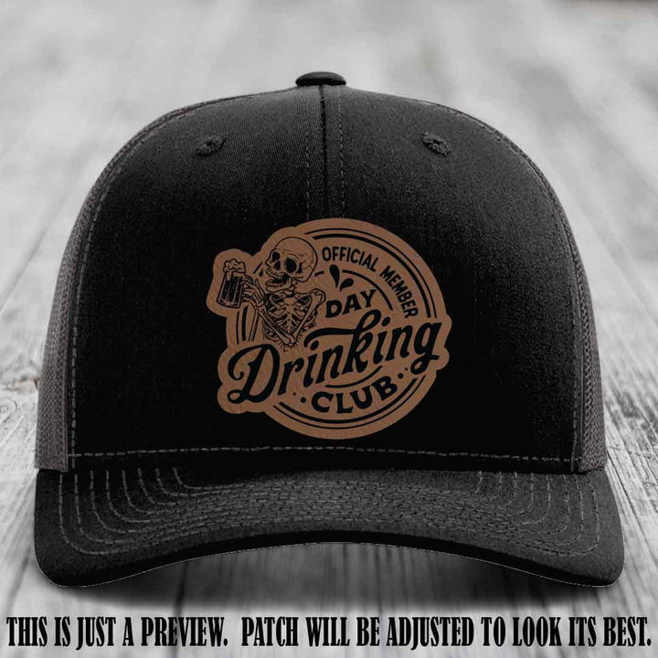 Day Drinking Club dark brown to black patch on black to charcoal hat Richardson 112 custom trucker hat