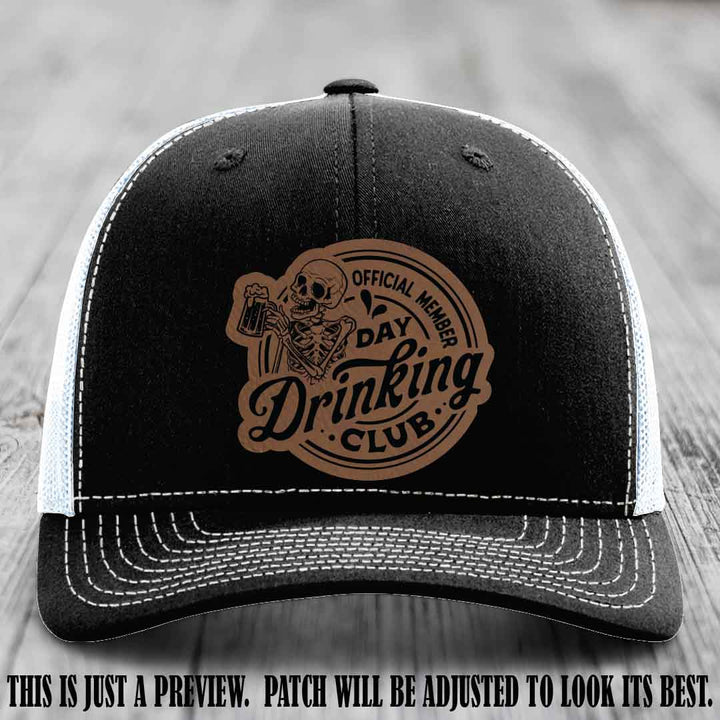 Day Drinking Club dark brown to black patch on black to white hat Richardson 112 custom trucker hat