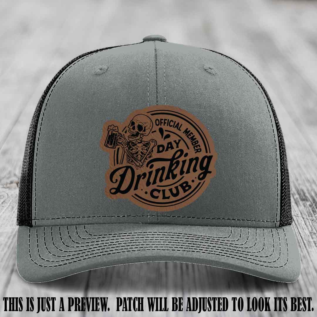 Day Drinking Club dark brown to black patch on heather grey to black hat Richardson 112 custom trucker hat