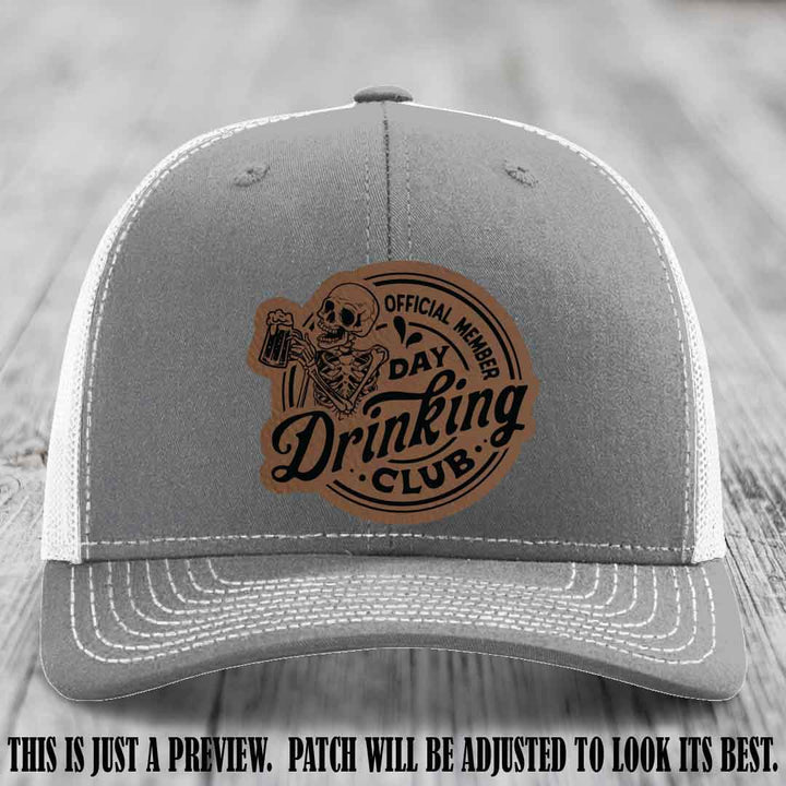 Day Drinking Club dark brown to black patch on heather grey to white hat Richardson 112 custom trucker hat