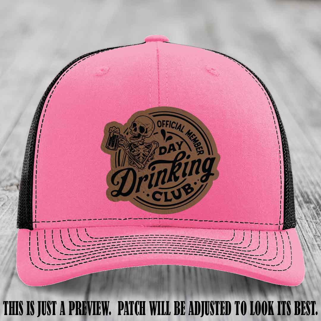 Day Drinking Club dark brown to black patch on hot pink to black hat Richardson 112 custom trucker hat