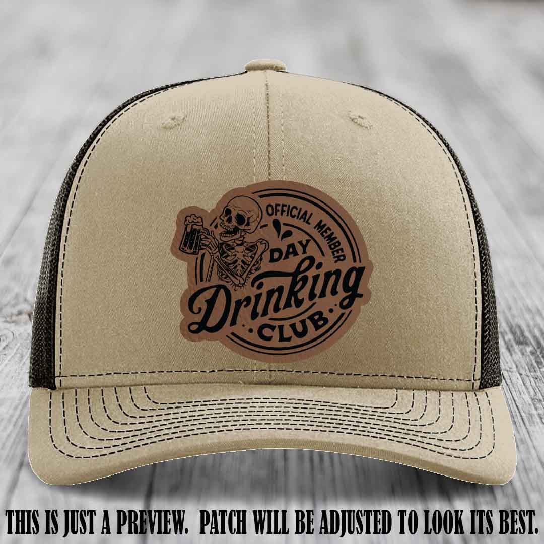 Day Drinking Club dark brown to black patch on khaki to coffee hat Richardson 112 custom trucker hat