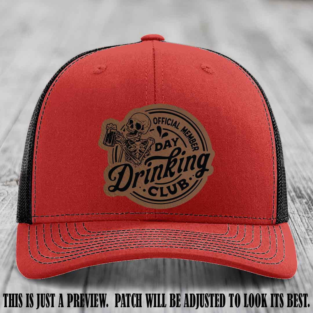 Day Drinking Club dark brown to black patch on red to black hat Richardson 112 custom trucker hat
