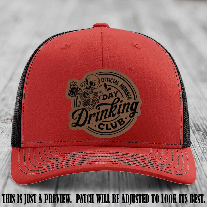 Day Drinking Club dark brown to black patch on red to black hat Richardson 112 custom trucker hat