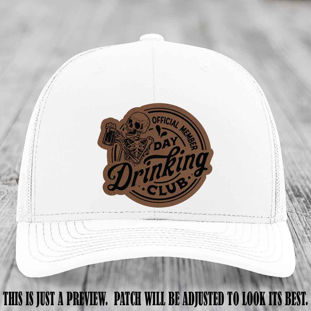 Day Drinking Club dark brown to black patch on white hat Richardson 112 custom trucker hat