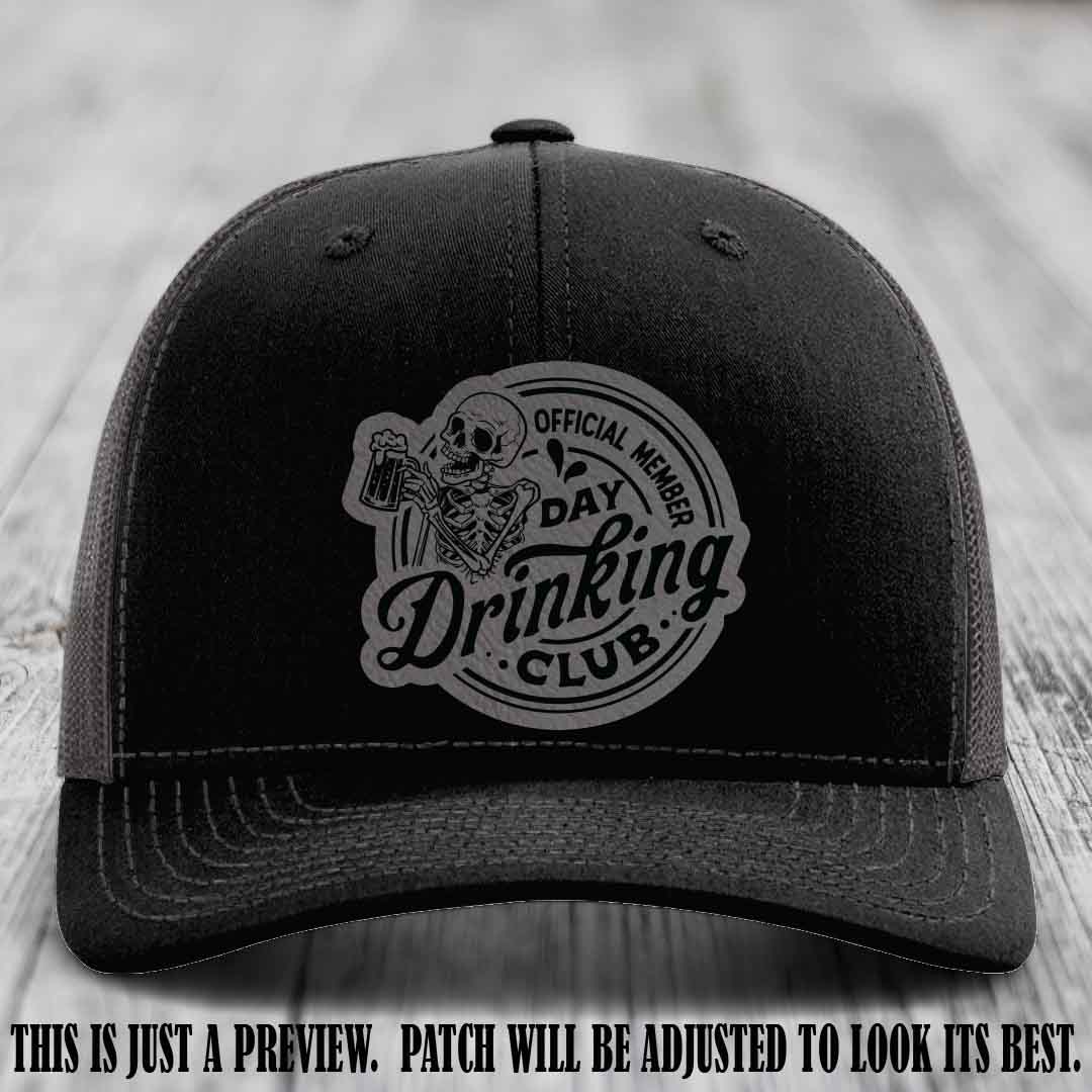 Day Drinking Club grey to black patch on black to charcoal hat Richardson 112 custom trucker hat