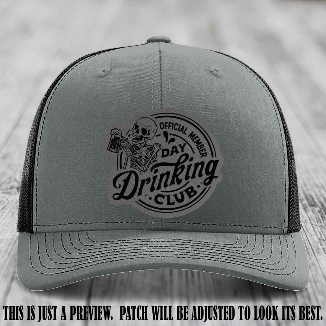 Day Drinking Club grey to black patch on heather grey to black hat Richardson 112 custom trucker hat