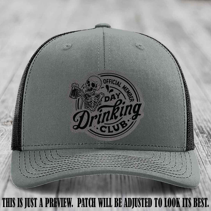 Day Drinking Club grey to black patch on heather grey to black hat Richardson 112 custom trucker hat
