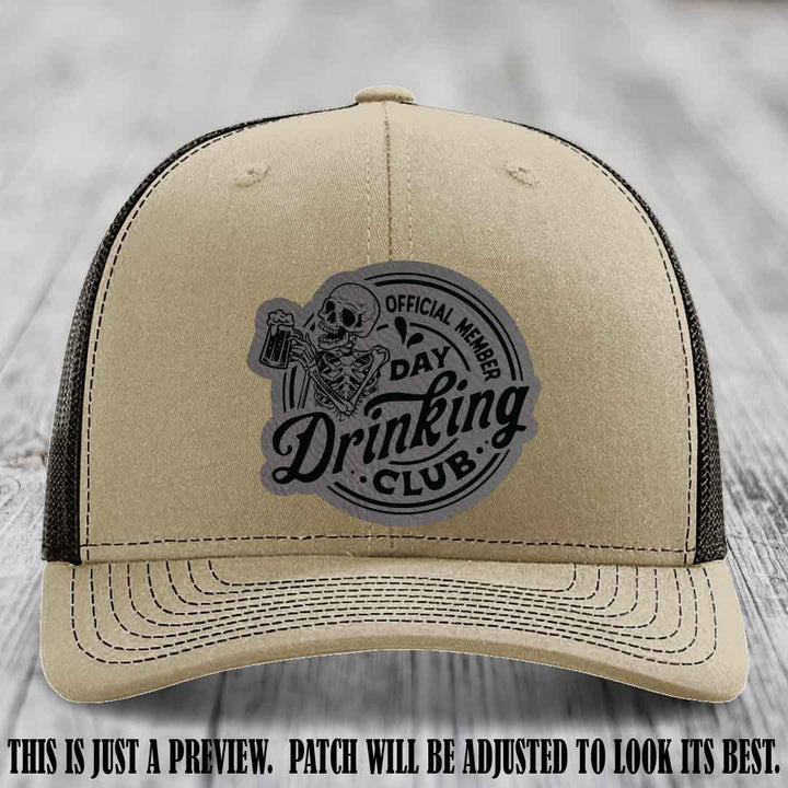 Day Drinking Club grey to black patch on khaki to coffee hat Richardson 112 custom trucker hat