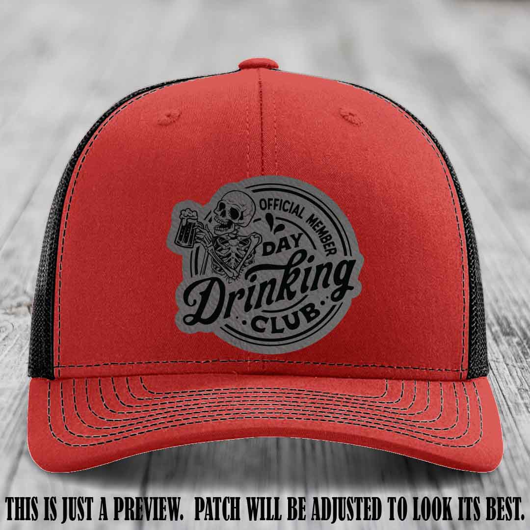 Day Drinking Club grey to black patch on red to black hat Richardson 112 custom trucker hat