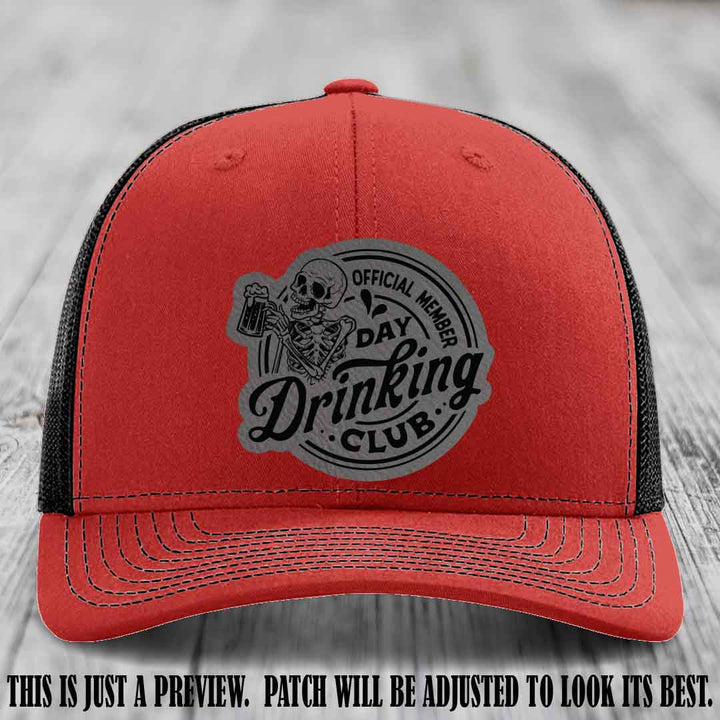 Day Drinking Club grey to black patch on red to black hat Richardson 112 custom trucker hat